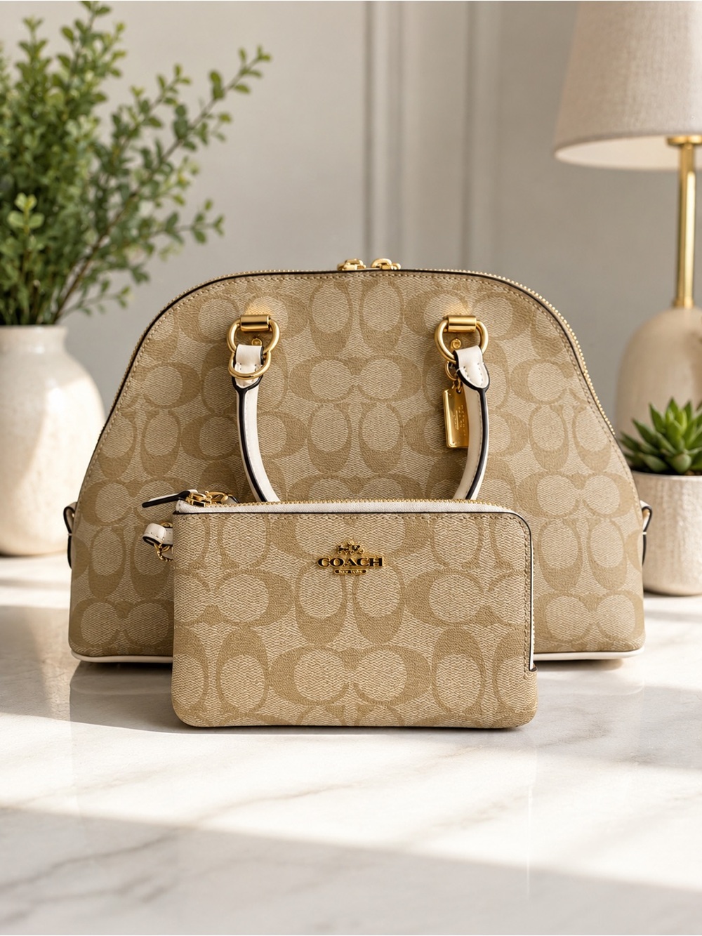 Coach Beige Signature Dome Satchel with Matching Pouch